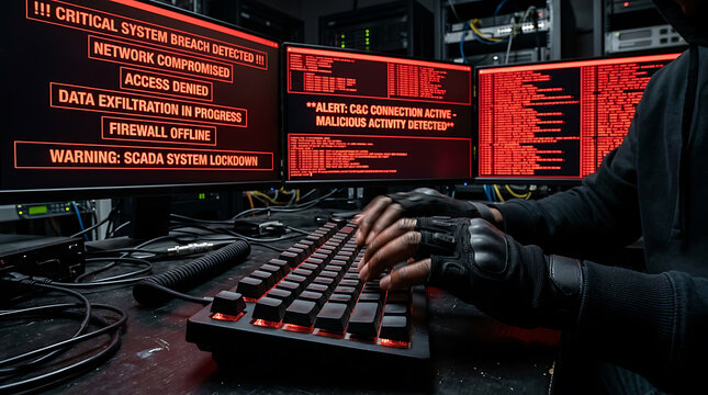 Person typing on keyboard with red screen alerts