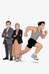 Obraz premium Two Office Workers Watching Athlete Sprint Forward