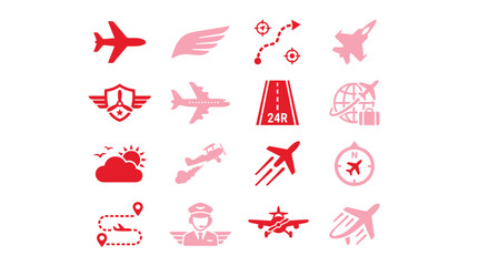 Collection of stylized airplane and aviation icons in red and pink hues, representing travel and flight. © xavier