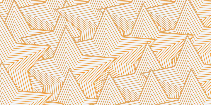 A vibrant geometric pattern featuring tightly packed, overlapping five-pointed stars composed of alternating orange and white concentric lines.
