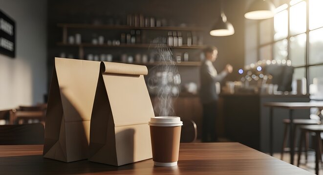 Takeaway food bag and coffee cup resting on a caf&eacute; table with blurred background details, capturing a cozy coffeehouse mood and convenient dining lifestyle.