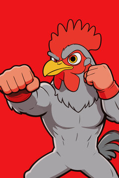 Fighting Muscular Rooster Cartoon Character Pose