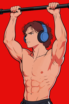 Young muscular man doing pull ups while listening to music