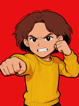 Angry young boy throwing a fighting punch pose