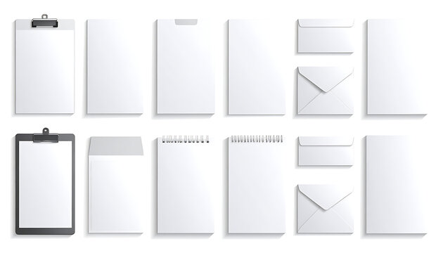 Set of blank stationery items including clipboards, notepads, and envelopes on a white background, ready for branding or design mockups