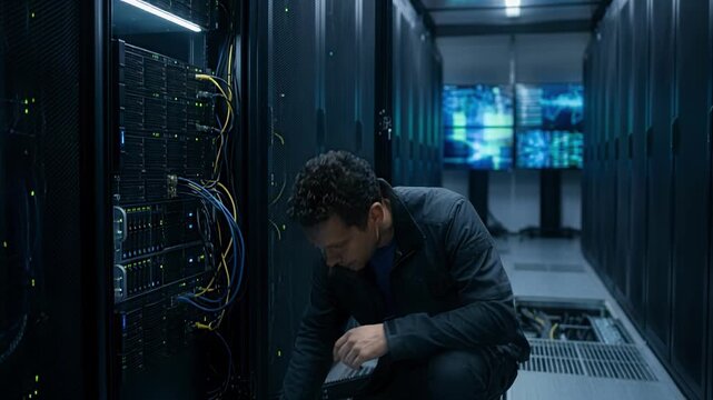 Medium shot of a blockchain engineer adjusting server hardware in a cryptographically secured data center with the distributed ledger screens indistinct in the distance.