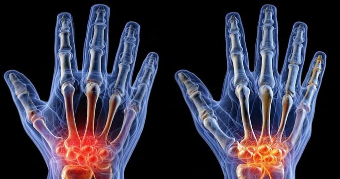 Rheumatoid arthritis , Gout arthritis ( Film x-ray both hands of child with multiple joint arthritis ) ( Medical , Science and Health care concept ). 4K Video