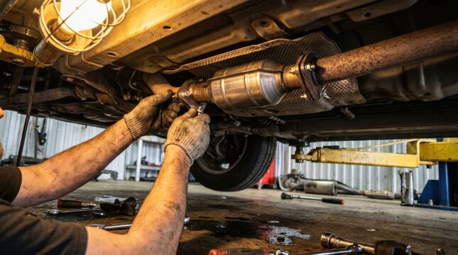 Mechanic at Work Under a Car in a Busy Industrial Workshop.