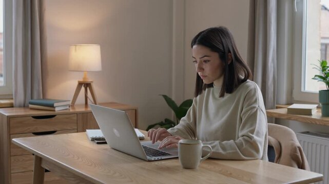Woman working remotely on laptop in cozy home office workspace
