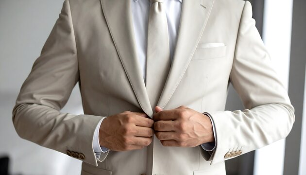 Close-up of a person buttoning a light-colored suit jacket, chest visible