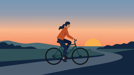 Fototapeta premium Active urban mobility A woman enjoying a bike ride through a green city landscape, promoting sustainable transport and a healthy lifestyle