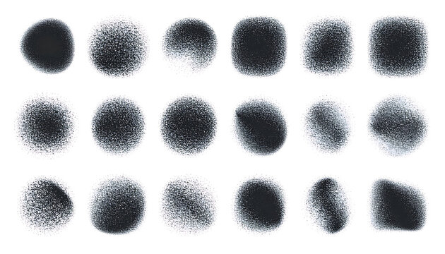 Set of dark textured dots, ink splatters, distressed elements, grainy particles, imperfect circles on white background
