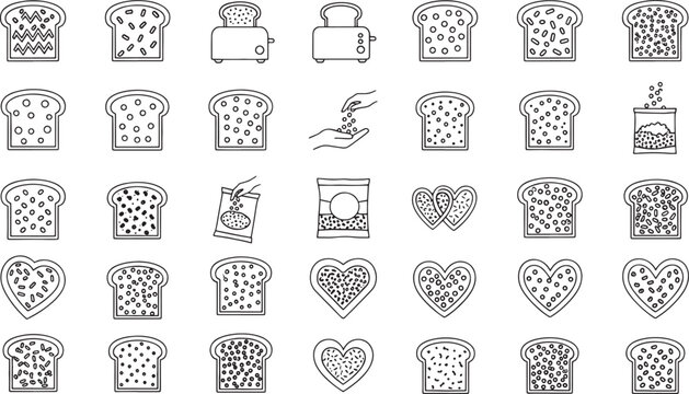 Black and white of bread slices with various toppings and kitchen seeds