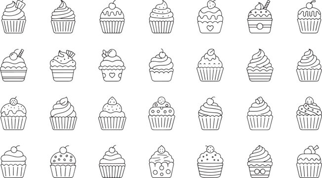 Collection of 35 different cupcakes with various toppings and decorations in a line style desserts sweets