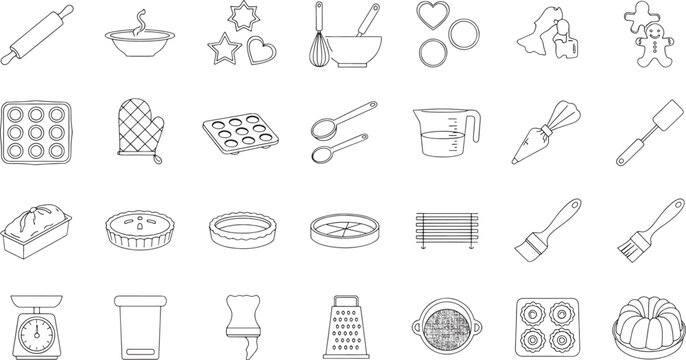 Set of baking and cooking tools and ingredients in black and white line baking tools cooking utensils
