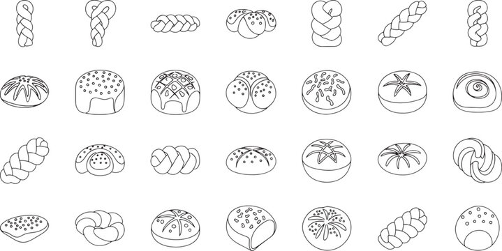 Thirty six different types of bread and pastry in black and white baked goods dough