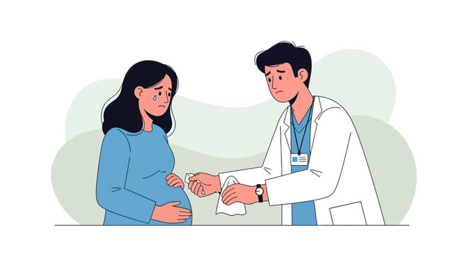 Sad pregnant woman crying with doctor offering comfort and tissue during consultation