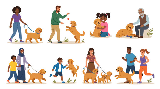 Diverse people playing and walking with goldendoodle dog vector illustration set. Happy men, women, and children pet domestic animals. Flat design pet owners characters collection.