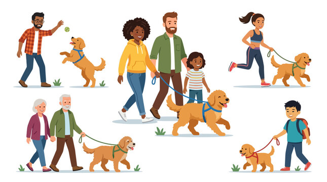 Diverse people playing and walking with goldendoodle dog vector illustration set. Happy men, women, and children pet domestic animals. Flat design pet owners characters collection.