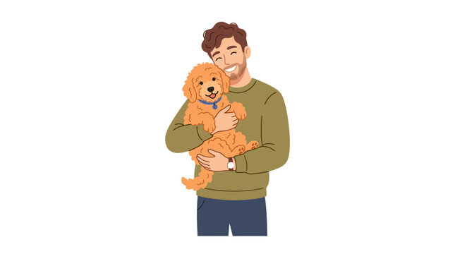 Happy pet owners and goldendoodle dogs flat vector characters set including woman walking man holding puppy kids playing and senior grooming