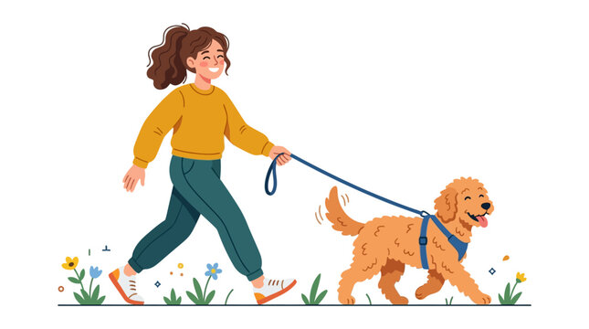 Happy pet owners and goldendoodle dogs flat vector characters set including woman walking man holding puppy kids playing and senior grooming