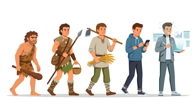 Human evolution cartoon character illustration . Start from prehistoric age, hunter-gatherer age, agricultural age to digital and AI age . Flat design . Isolated white background . Vector