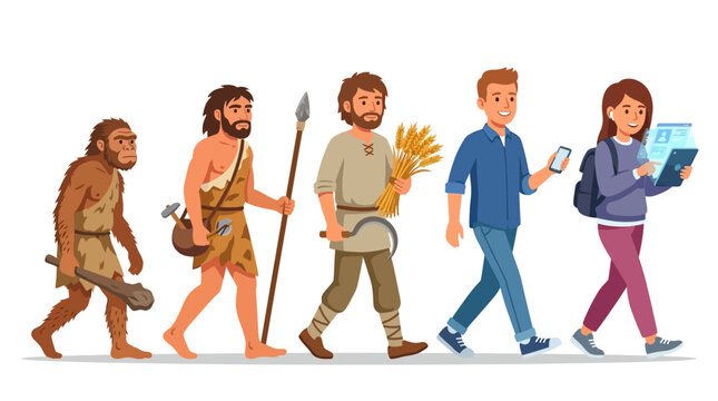 Human evolution cartoon character illustration . Start from prehistoric age, hunter-gatherer age, agricultural age to digital and AI age . Flat design . Isolated white background . Vector