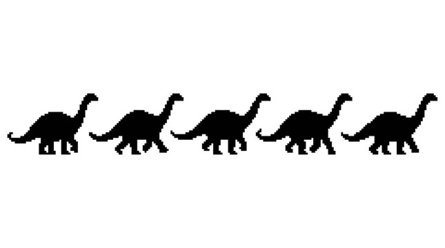 Pixel art Apatosaurus silhouette set in various walking poses. Retro 8-bit long-neck dinosaur graphics for games, educational content, and prehistoric themed designs. Vector illustration