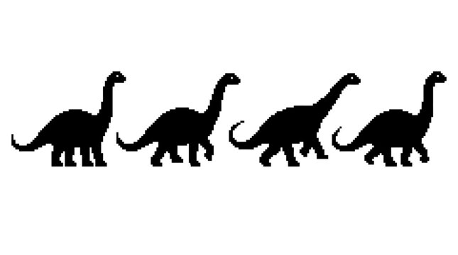 Pixel art Apatosaurus silhouette set in various walking poses. Retro 8-bit long-neck dinosaur graphics for games, educational content, and prehistoric themed designs. Vector illustration