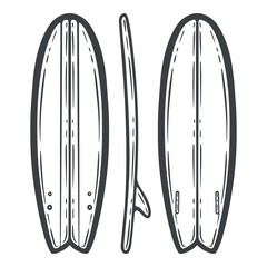Fish tail surfboard in three views: front, side and back, ocean sport equipment, black and white engraving, hand-drawn illustration, line art contour, graphic icon isolated for surf brand or apparel © Iryna Nevruzova