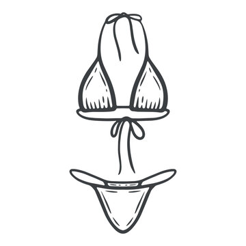 Women triangle bikini set with halter tie top and thong bottom, summer pool fashion, black and white engraving, hand-drawn illustration, line art contour, graphic icon isolated for fashion brand