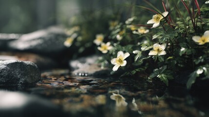 Fototapeta premium Serene woodland stream with blossoming anemones and reflective waters