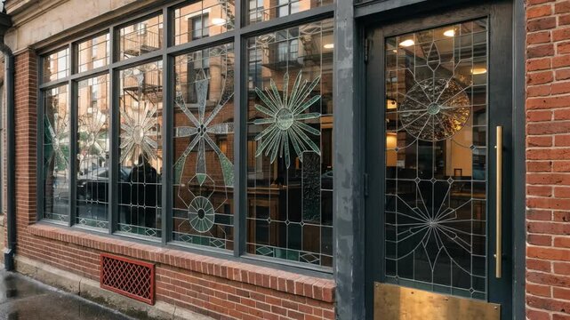 Medium framing of a historic district insurance agency storefront emphasizing detailed window art and signage with classic brickwork gently fading out of focus beyond the main