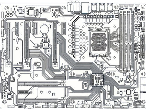 Detailed blueprint of a complex computer motherboard circuit board.