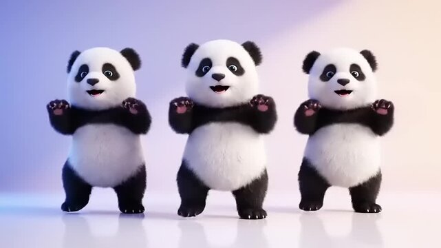 Three adorable baby pandas dancing with joy in a playful and whimsical animated scene, perfect for children's content and animations