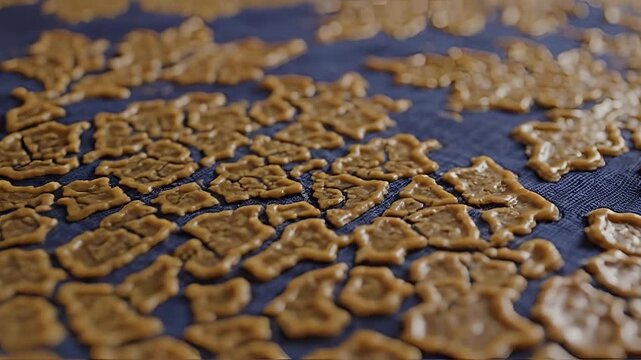 Close up of caramel candy pieces drying on a baking sheet.