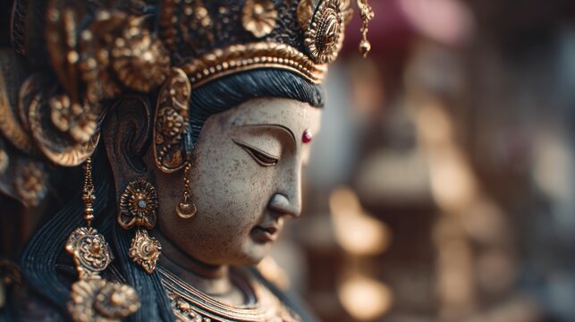 Elegant Buddha Statue Adorned with Gold Jewelry and Intricate Headdress