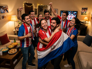 Obraz premium Grupo de hinchas paraguayos felices celebrando fútbol