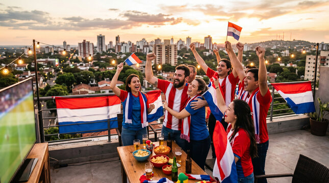 Hinchas paraguayos celebrando en terraza al atardecer