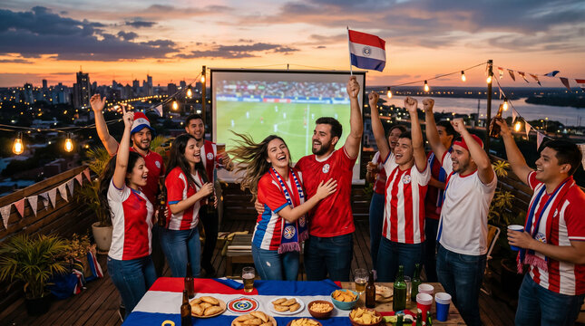Hinchas paraguayos celebrando en terraza al atardecer