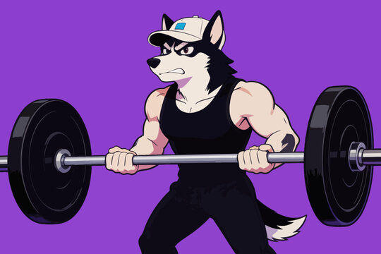 Muscular anthropomorphic husky lifting barbell in gym
