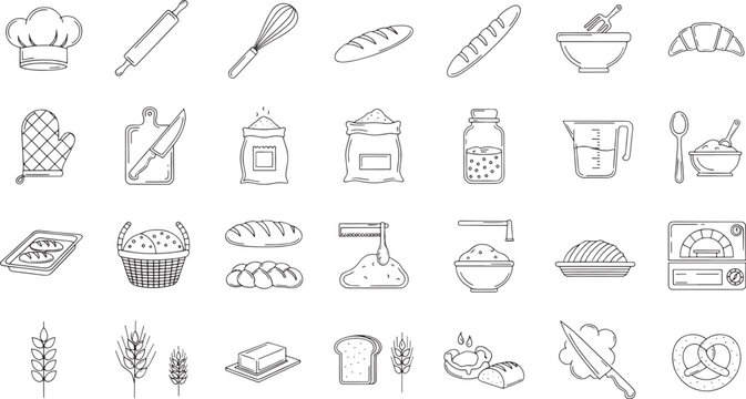 Black and white line of baking tools and bread line baking tools croissant chef hat