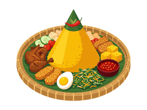 Indonesian Nasi Tumpeng Flat Vector &ndash; Traditional Cone Rice Ceremonial Food Illustration