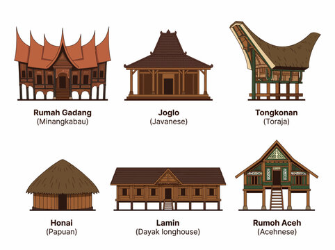 Indonesian Traditional House Set Flat Vector &ndash; Rumah Adat Nusantara Architecture Illustration