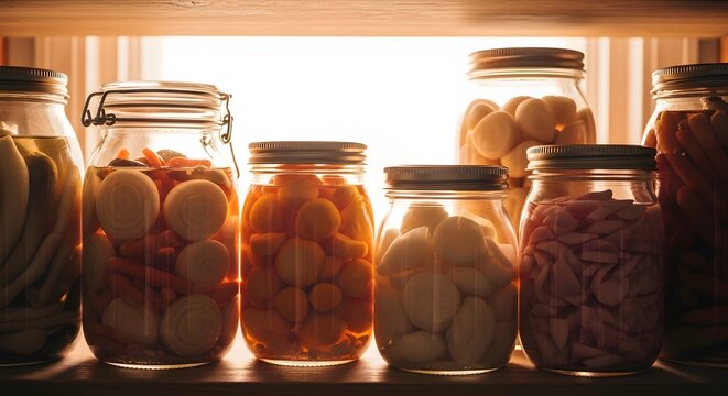 Preserved Vegetables and Fruits in Glass Jars Arranged on a Shelf