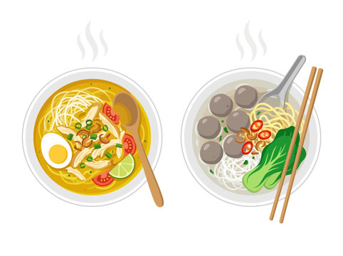 Indonesian Soup Menu Icon Set &ndash; Soto Bakso Flat Vector Food Illustration Design