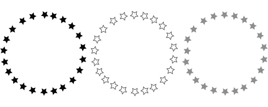 Star in circle icon set. Frame from stars isolated on white background. Abstract decorative pattern. Circle with black star icon. Vector Illustration .