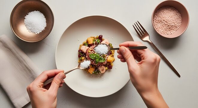 Seasoning a Gourmet Dish with Salt Adding a Final Perfect Touch