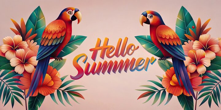 tropical Hello Summer illustration featuring two colorful parrots perched on leafy branches.