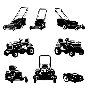 Assorted garden tools and lawn mower silhouettes collection
